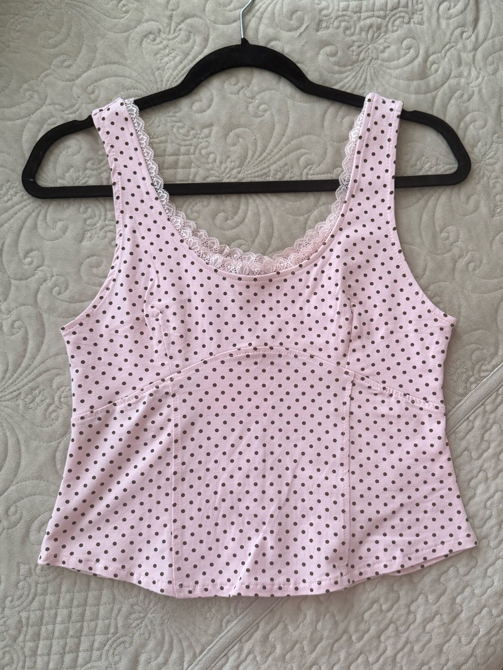 Kittenish Pink Polka Dot Lace-Trim Camisole